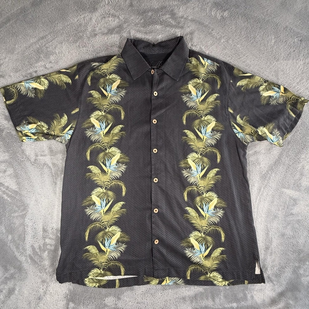 Tommy Bahama Button Up Shirt Mens Size XL Black Silk Hawaiian Floral Tropical